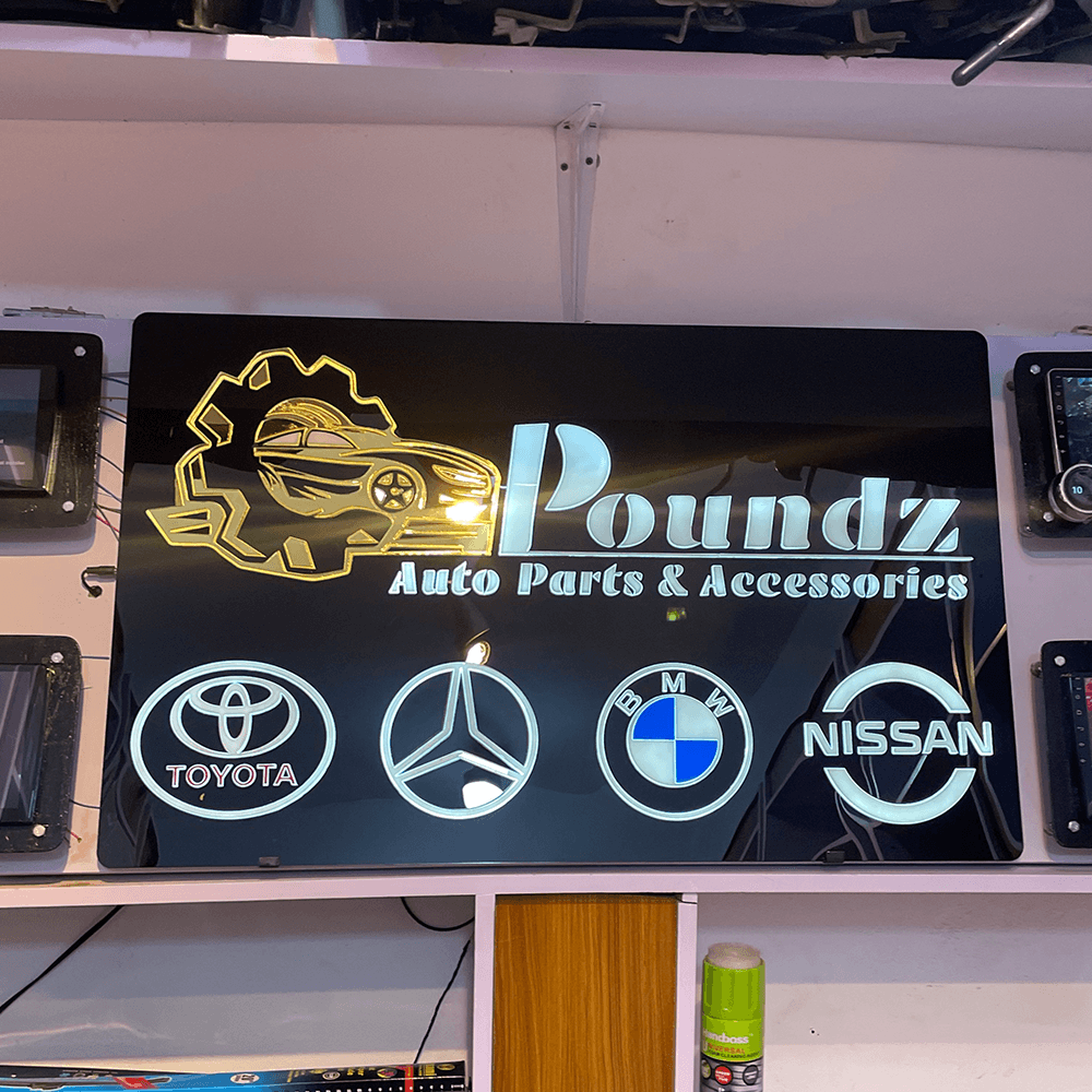 poundz auto parts wall logo lighting